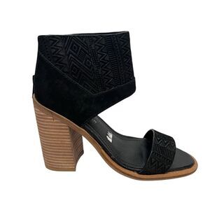 Kelsi Dagger Black Leather Suede Open Toe Strap Cuff Heels 5.5 Geometric Pattern
